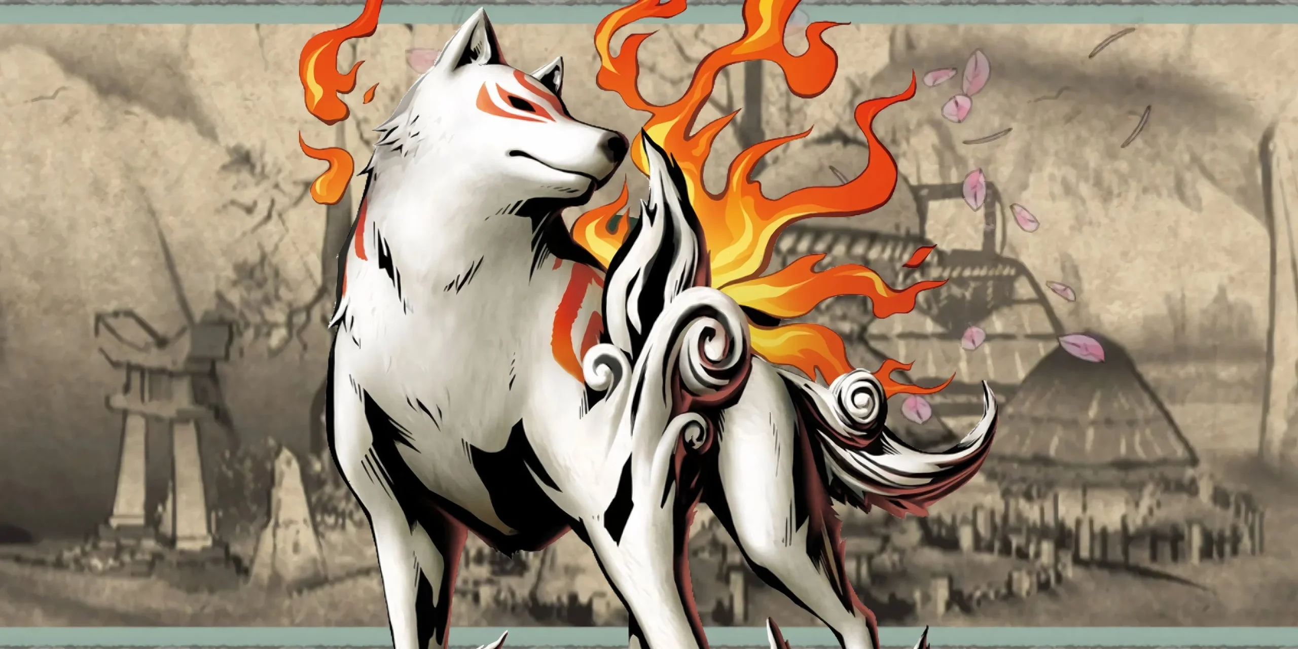 Amaterasu de Okami em pé na frente de um fundo de pergaminho japonês com pétalas de flores de cerejeira