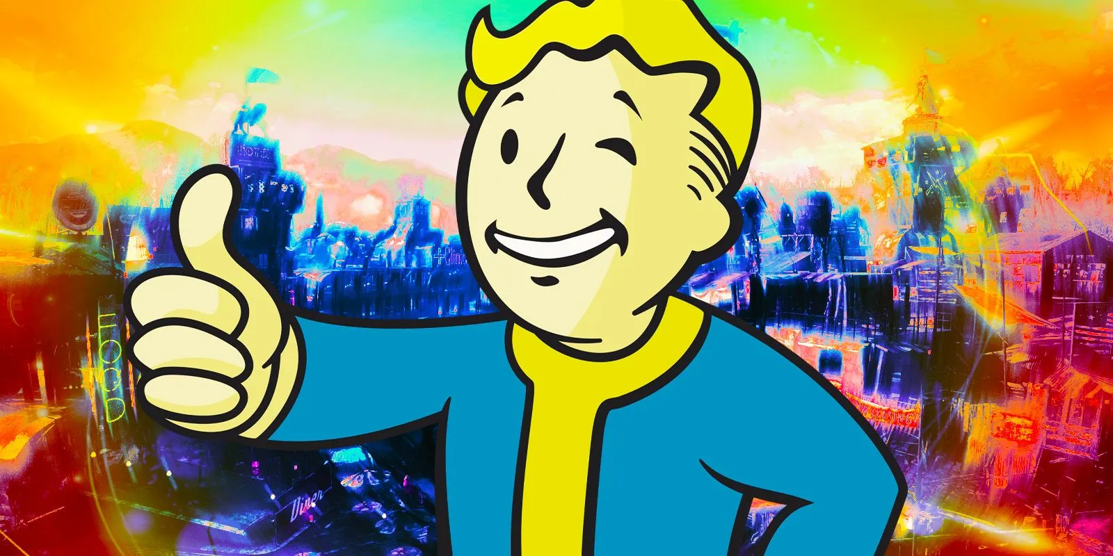 Vault Boy aus Fallout 4 zeigt vor einer verzerrten Stadt einen Daumen nach oben.