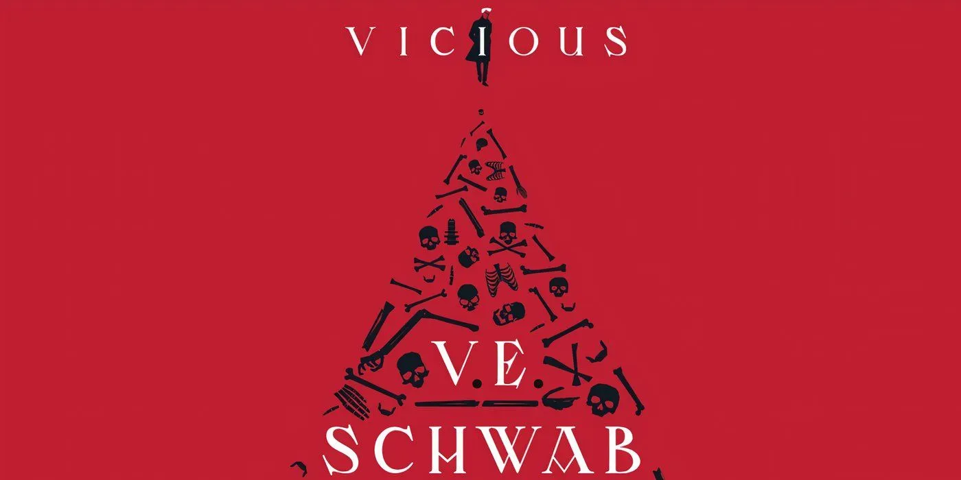 La copertina di Vicious di VE Schwab con il titolo con Victor Vale che cammina dietro e un mucchio di ossa