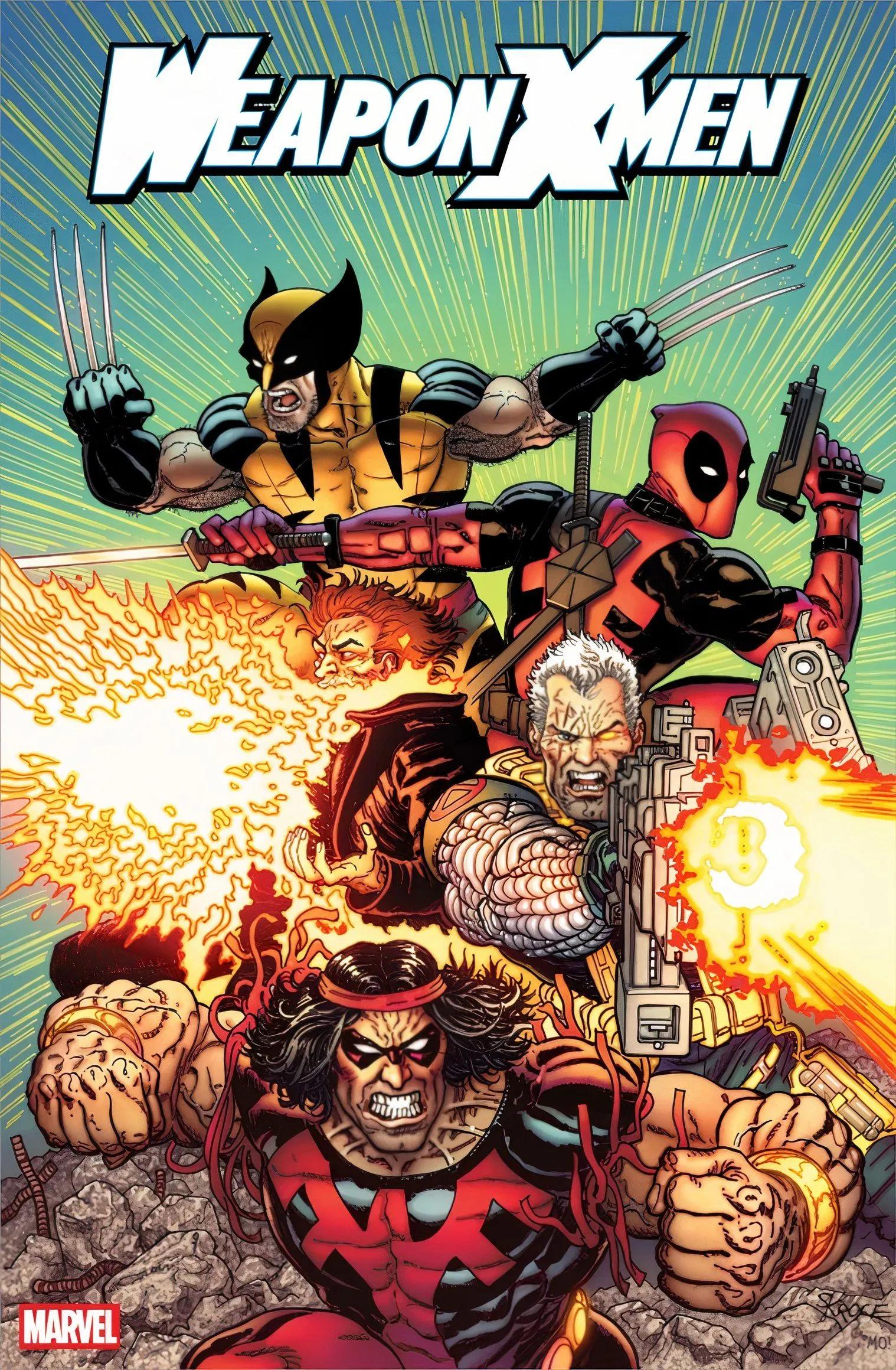 Comic-Cover: Ein Team von X-Men, darunter Wolverine und Deadpool, in Aktion.