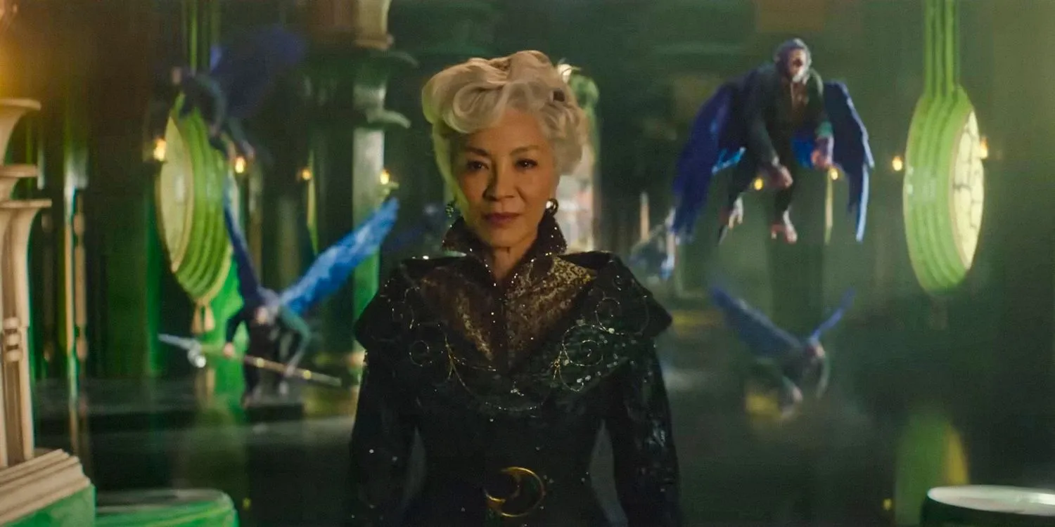 Michelle Yeoh as Madame Morrible among flying monkeys in Wicked