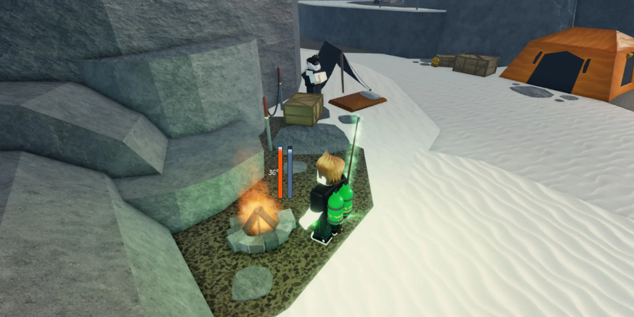 Fisch player next to campfire