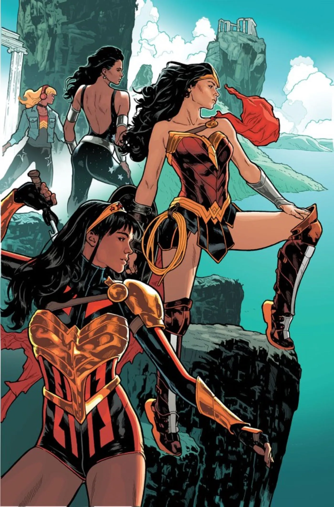 Capa variante da revista Wonder Woman #10 com Diana, Donna Troy, Yara Flor e Cassie Sandsmark