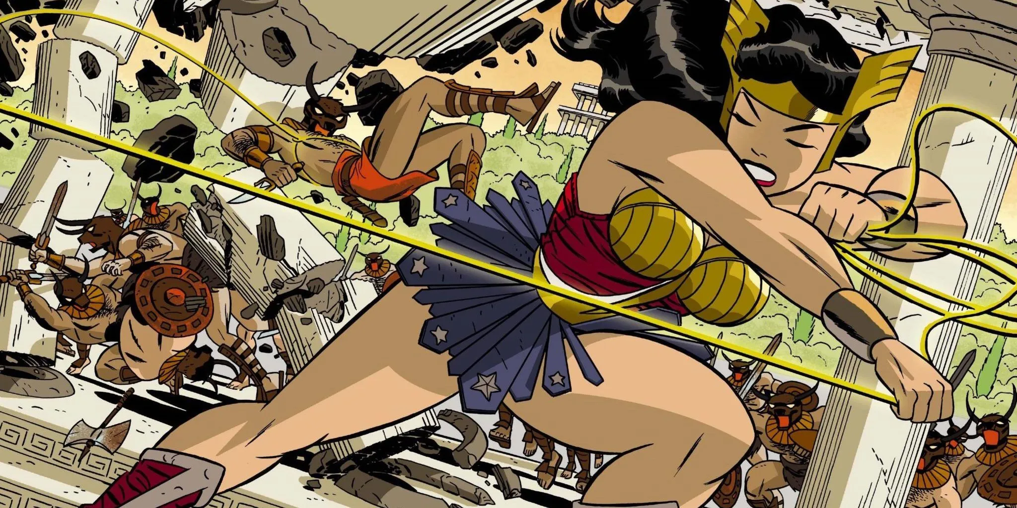 Comic book art: Wonder Woman from the New Frontier fights with her lasso.