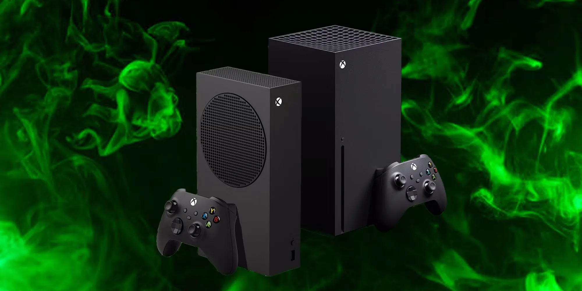 Xbox Series S und X auf grün-rauchigem Hintergrund