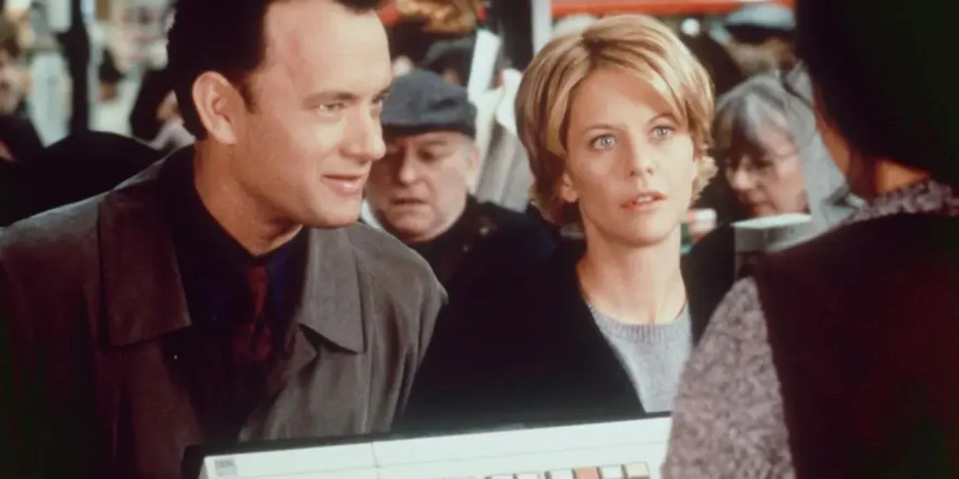 Tom Hanks y Meg Ryan se ven confundidos en un mostrador en Tienes un e-mail (7)