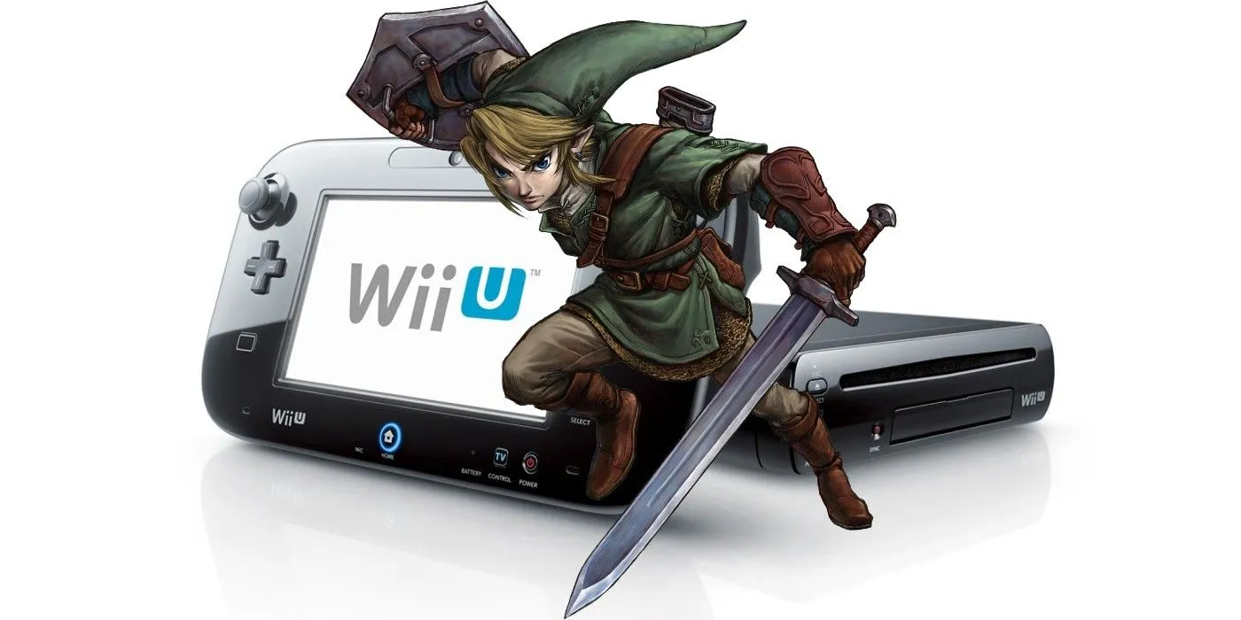 Wii U 콘솔 앞에 선 황혼의 공주의 링크.