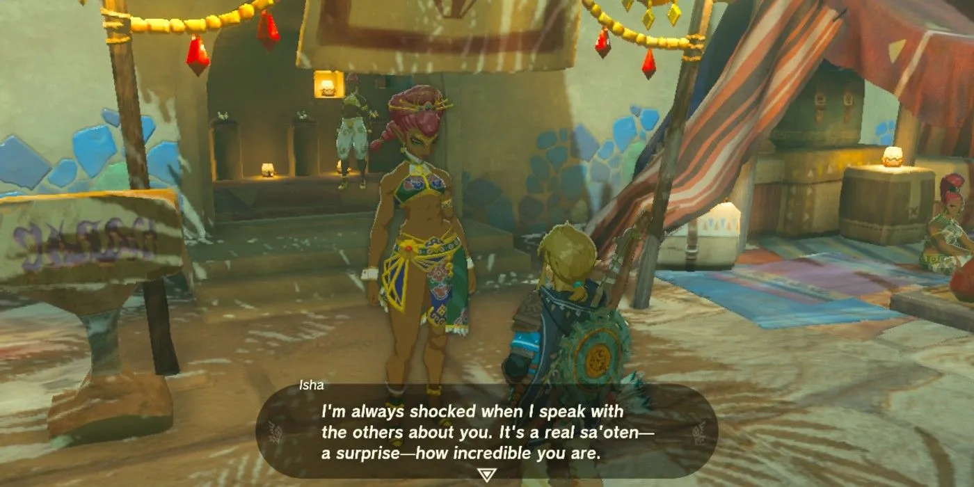 Un Gerudo de The Legend of Zelda : Tears of the Kingdom exprimant sa surprise face aux capacités de Link.