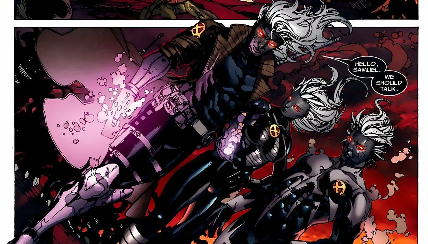 Gambit mind-controlling the X-Men as the Horseman of Death.