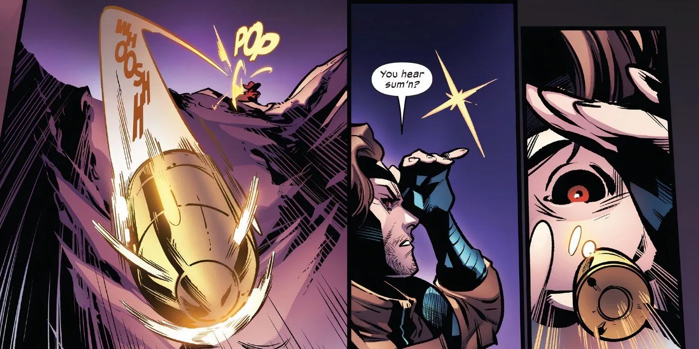 Gambit using his super-speed to deflect a bullet.