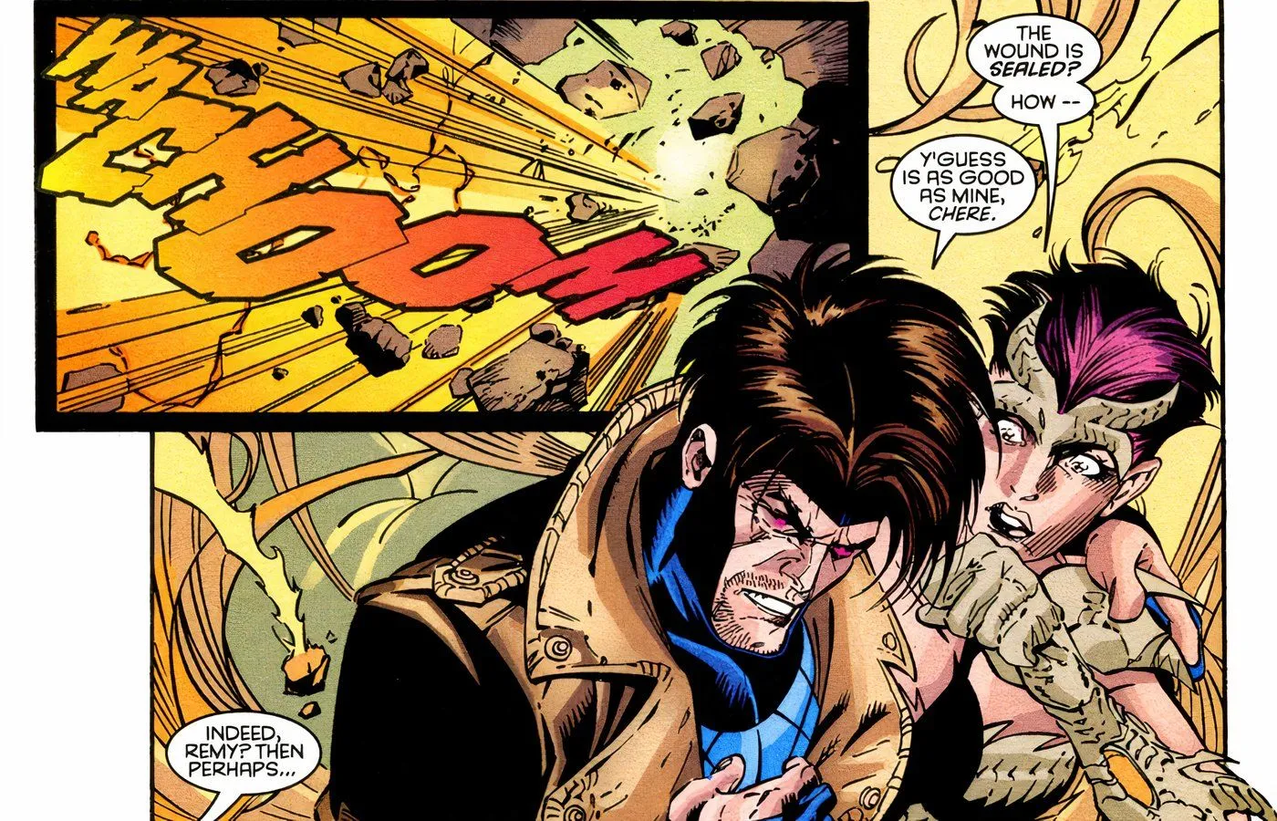 Gambit healing a severe wound in moments with his healing factor.