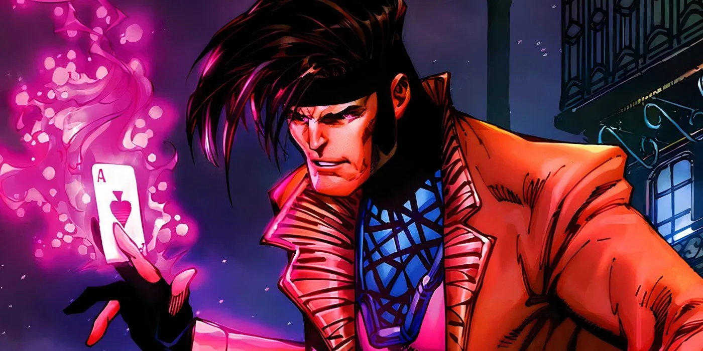 Gambit holding a super-charged playing card.