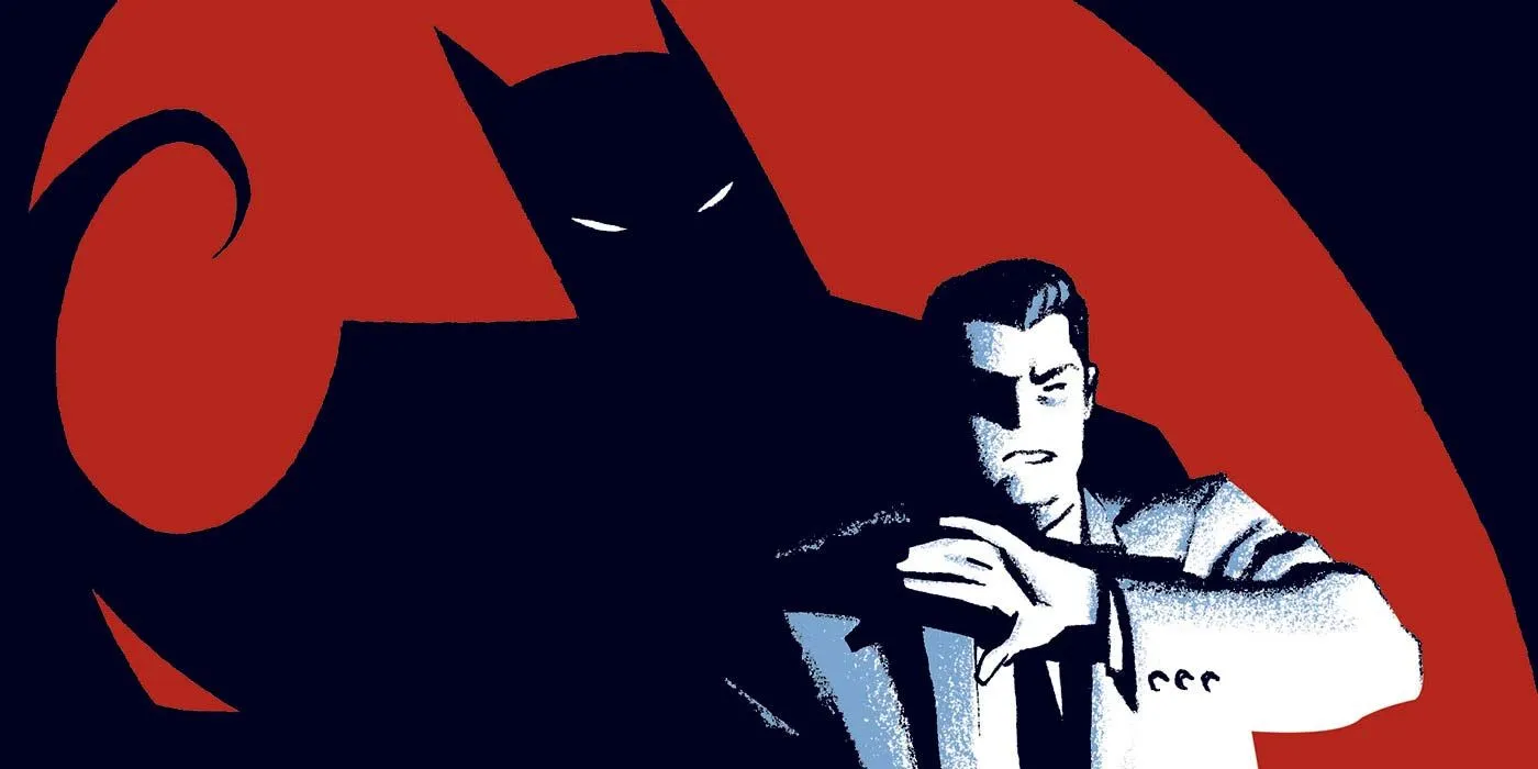 Arte de cómic: Bruce Wayne mira hacia un foco mientras una sombra de Batman se extiende detrás de él.