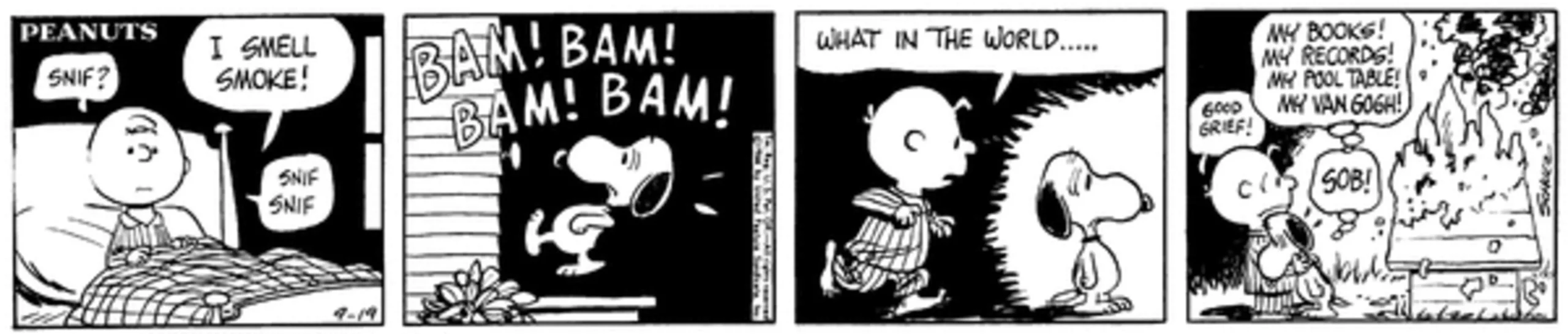 Pasek komiksowy Peanuts: Charlie Brown wykrywa dym, a Snoopy ostrzega go przed pożarem w jego budzie.