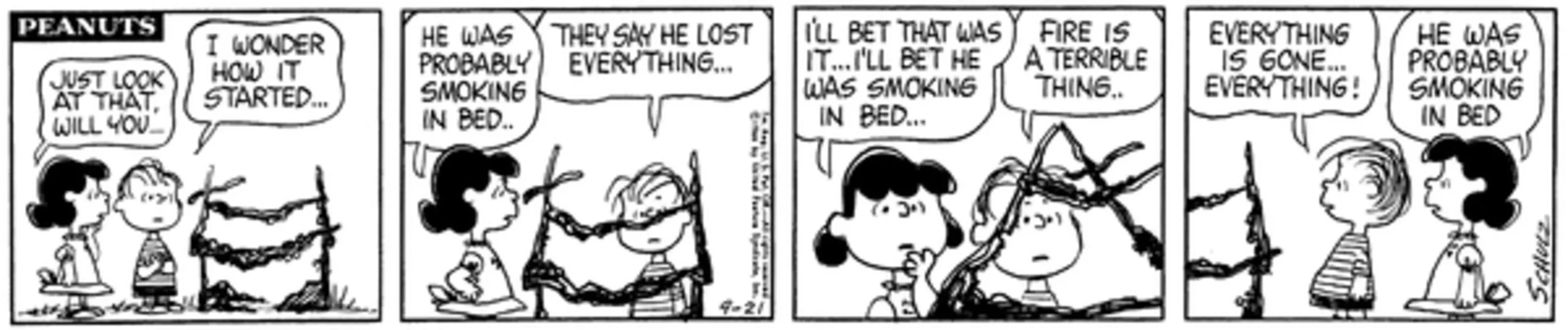 Pasek komiksowy Peanuts: Lucy i Linus oglądają spaloną budę Snoopy'ego.