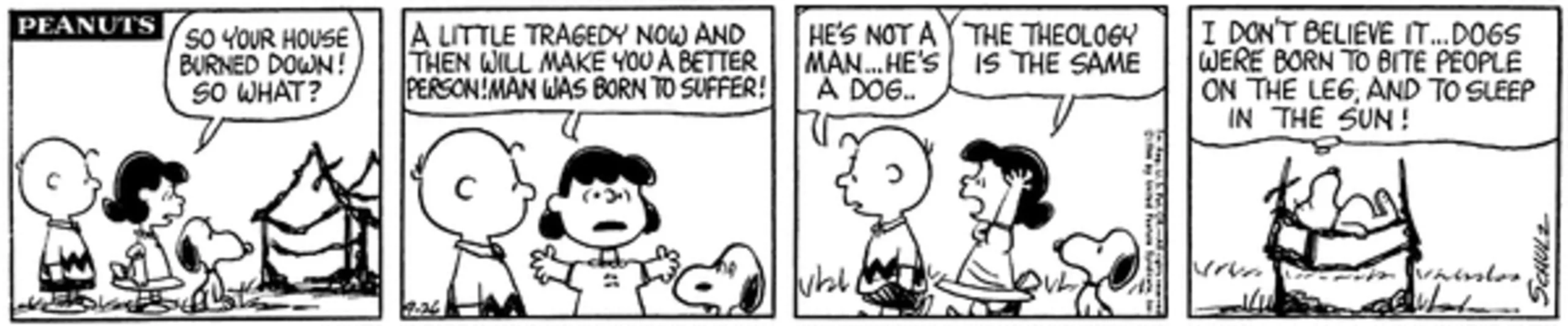 Pasek komiksowy Peanuts: Lucy wygłasza wykład dla Snoopy'ego i Charliego Browna.