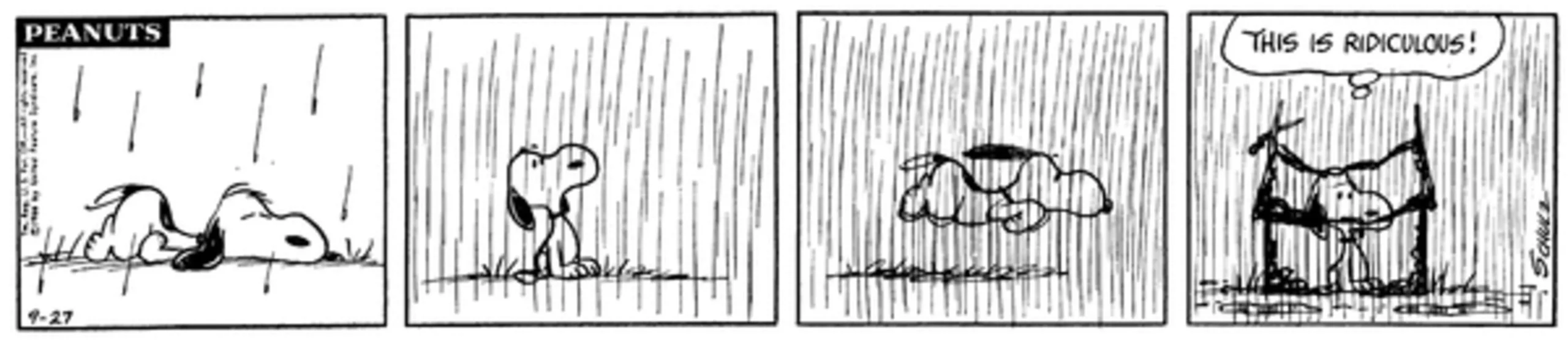 Pasek komiksowy Peanuts: Snoopy zmaga się z deszczem w swojej zniszczonej budzie dla psa.