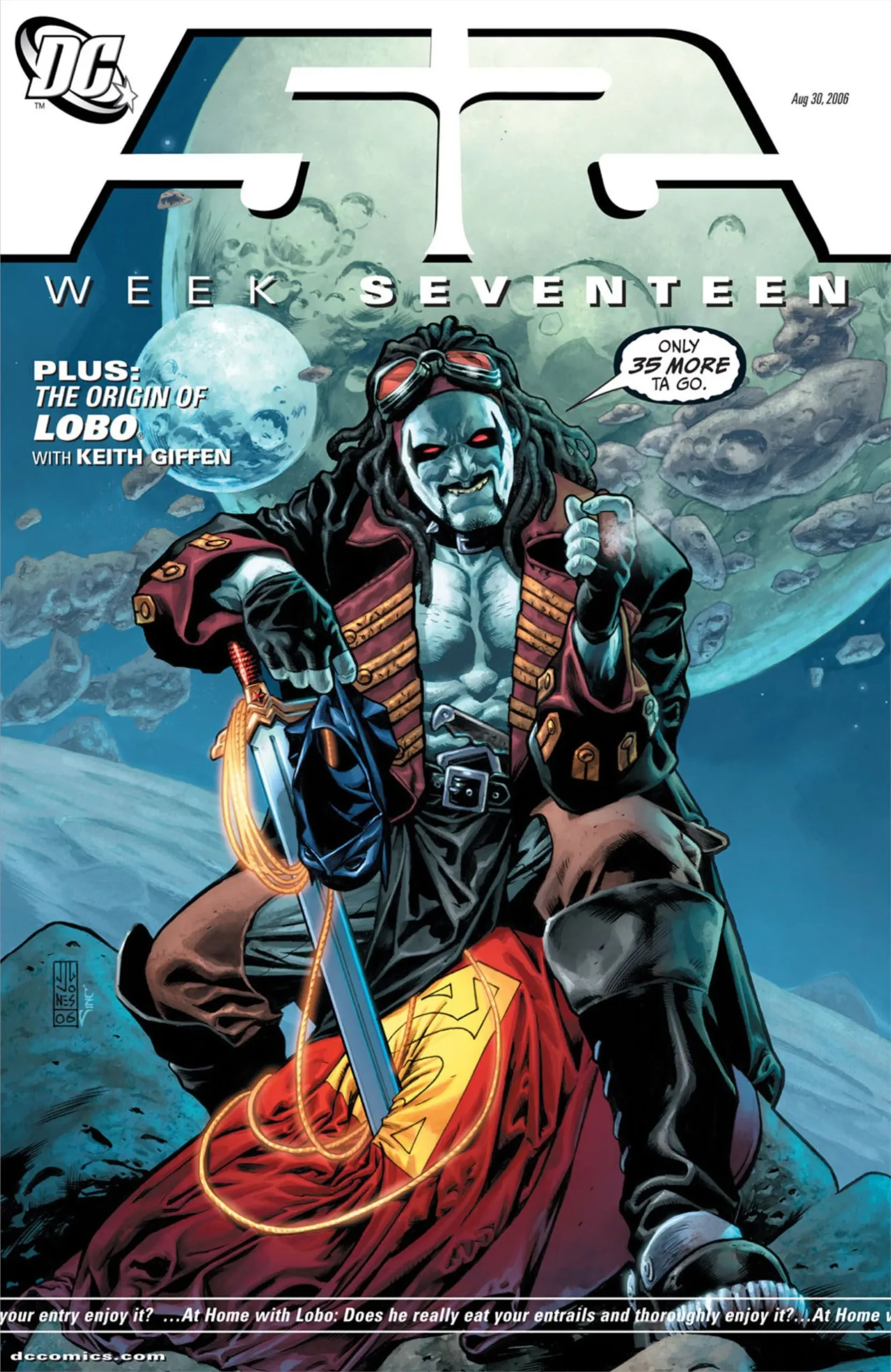 Couverture de bande dessinée : Lobo se tient au-dessus de Superman, Batman et Wonder Woman.