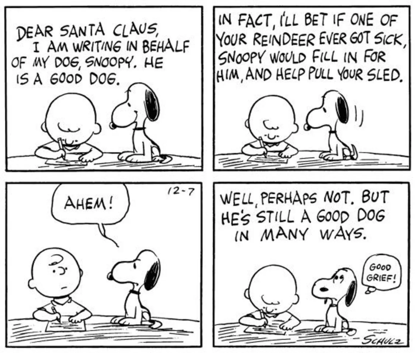 Bande dessinée Peanuts : Charlie Brown et Snoopy écrivant une lettre au Père Noël.