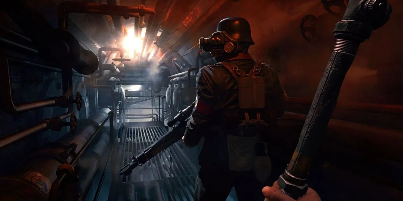 Das Gameplay aus Wolfenstein: The Old Blood zeigt, wie man sich heimlich von hinten an einen Feind heranschleicht.