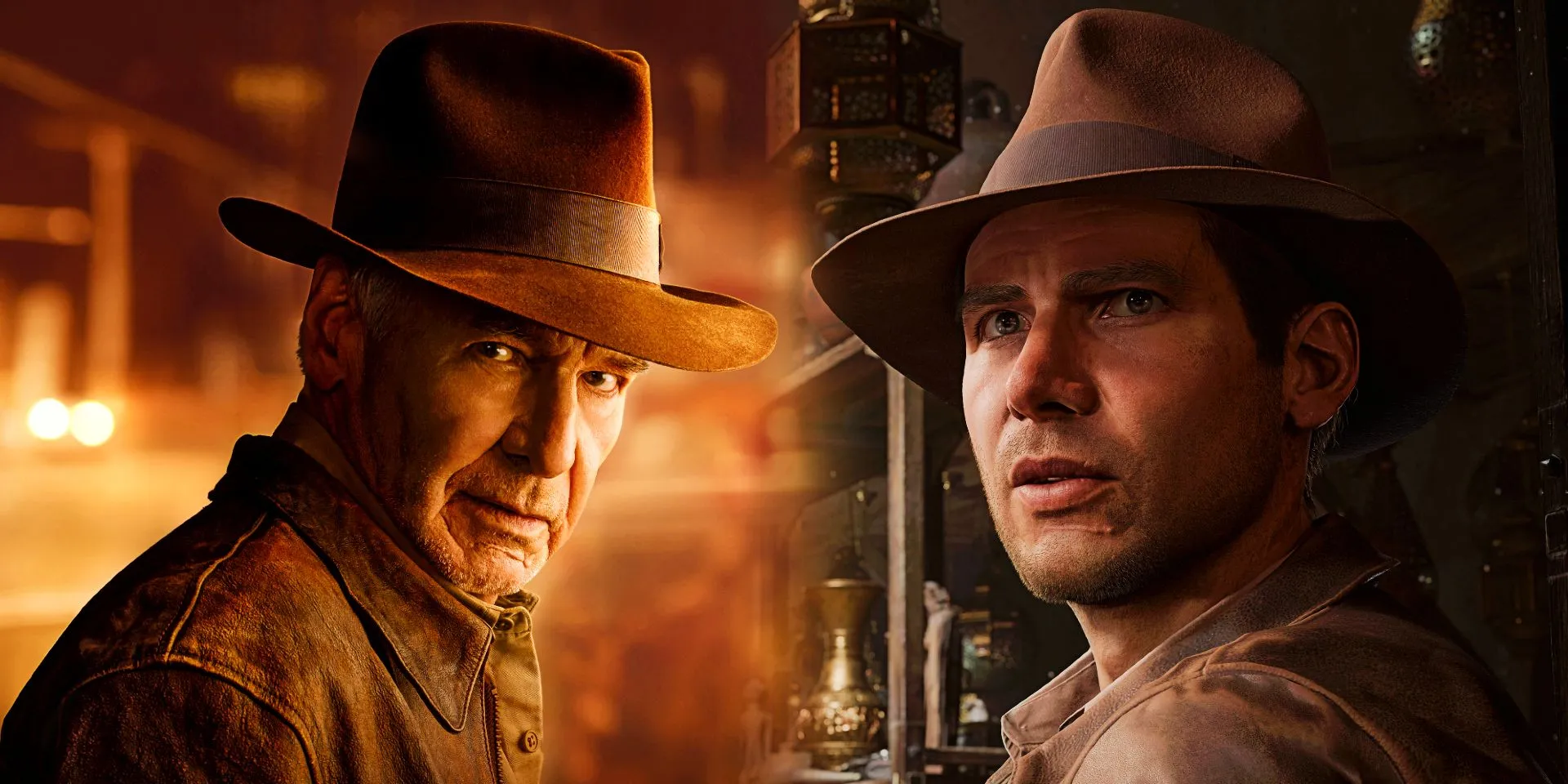 A collage of Harrison Ford in Indiana Jones and the Dial of Destiny alongside the video game version in The Great Circle.