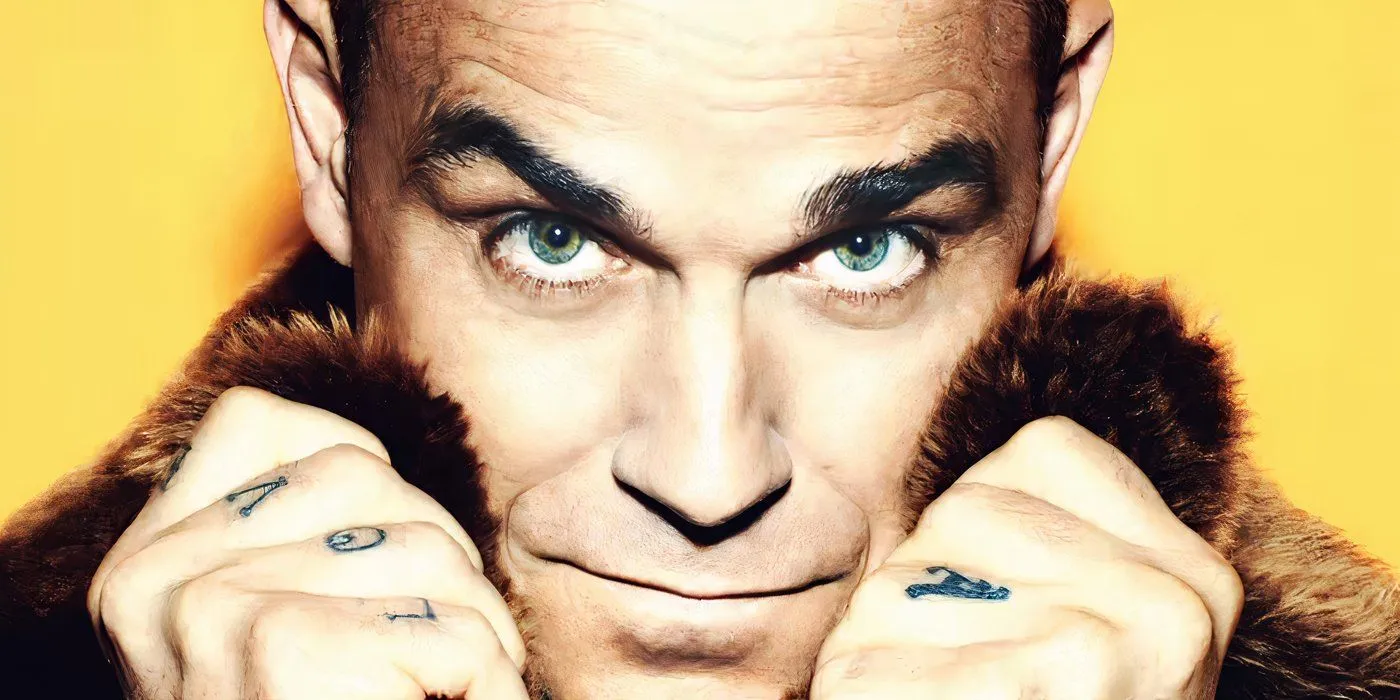 Robbie Williams con un abrigo de piel en el tráiler de Better Man