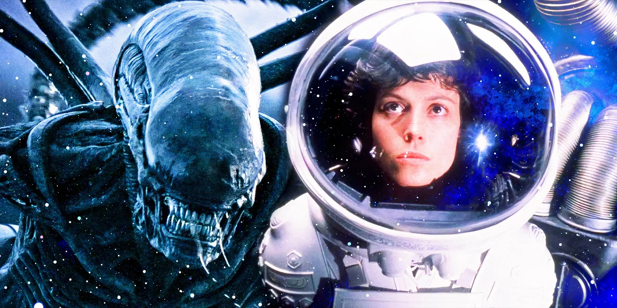 Ellen Ripley w skafandrze kosmicznym obok ksenomorfa.