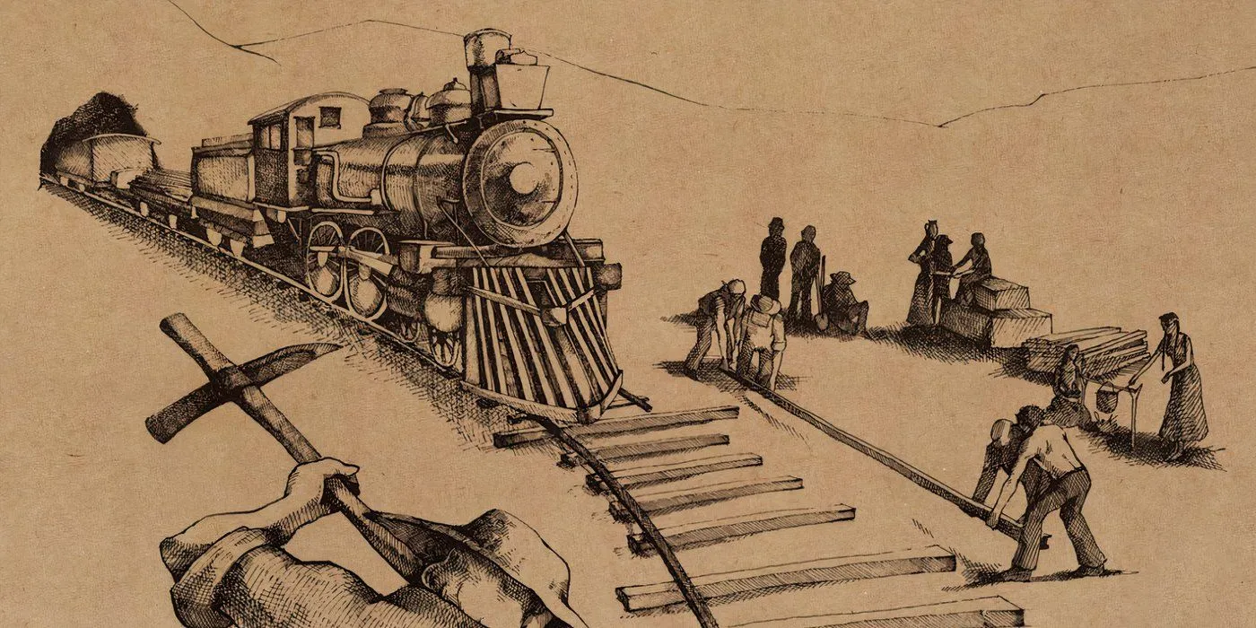 An illustrated train from the cover of Bob Dylan's Slow Train Coming