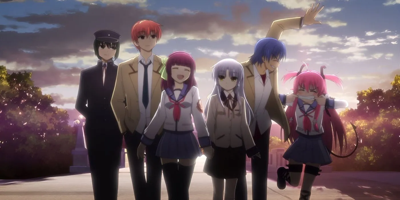 Otanashi y Kanade caminan con el resto de sus compañeros de clase en el más allá de Angel Beats.