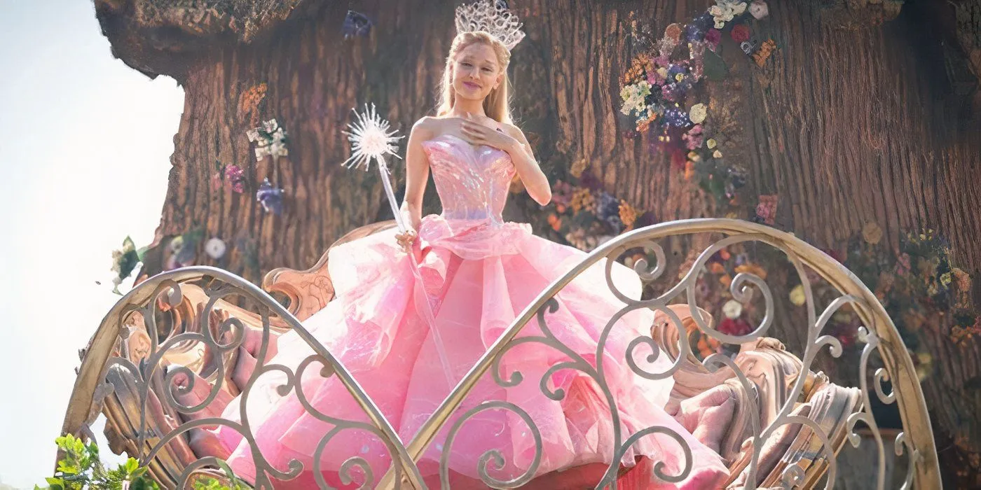 Ariana Grande usando o vestido rosa bolha como Glinda em Wicked