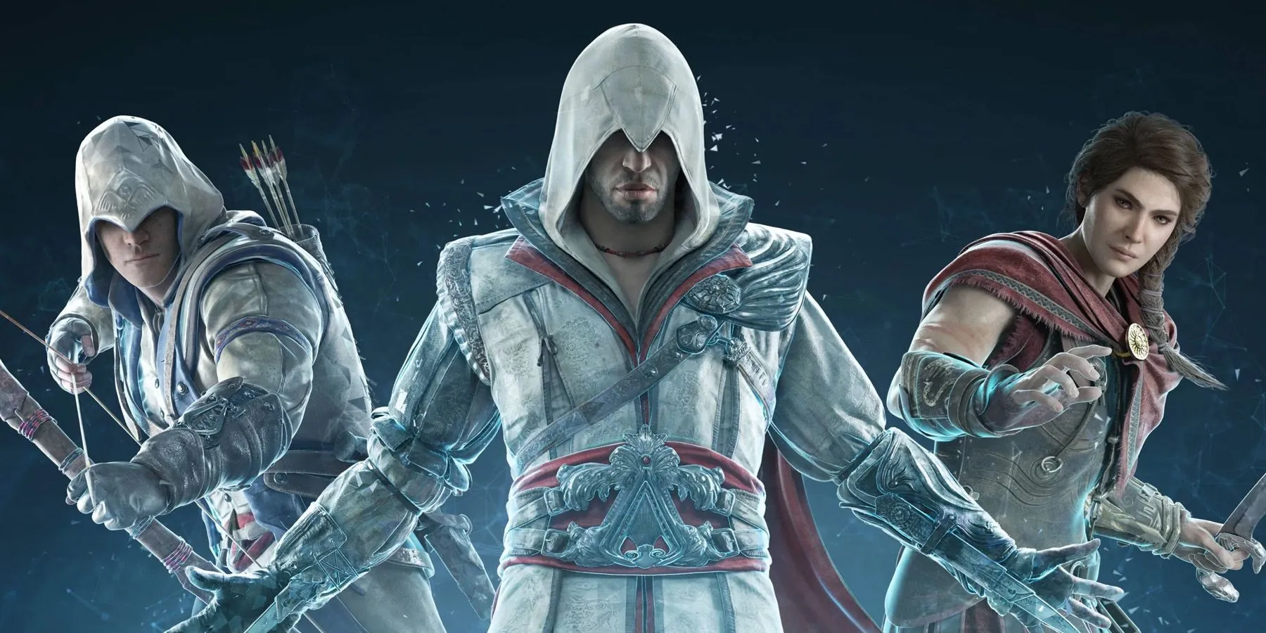 Ezio davanti a Connor e Kassandra nell'immagine principale di Assassin's Creed Nexus VR.