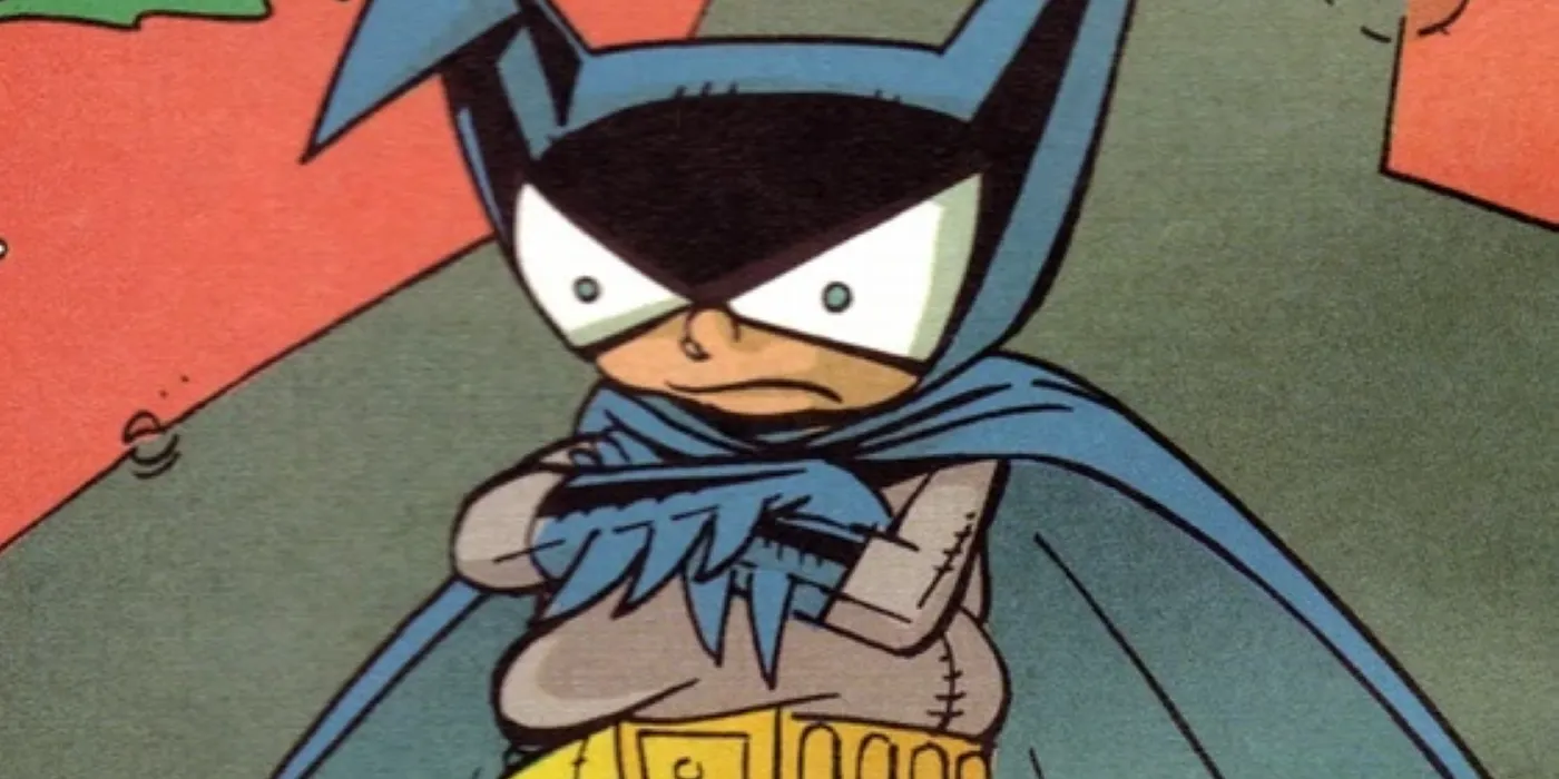 The 5th-dimension imp known as Bat-Mite looking displeased at something.