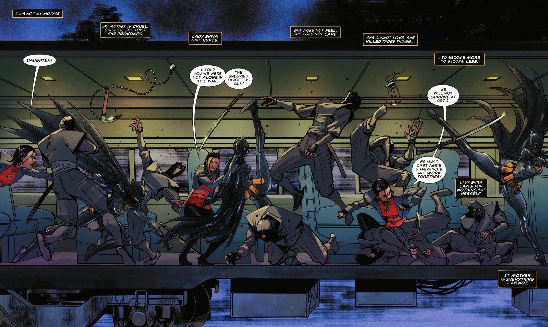 Batgirl 3 Cassandra Cain and Lady Shiva fight ninjas on a moving train as Cass narrates about how she is not like her mother