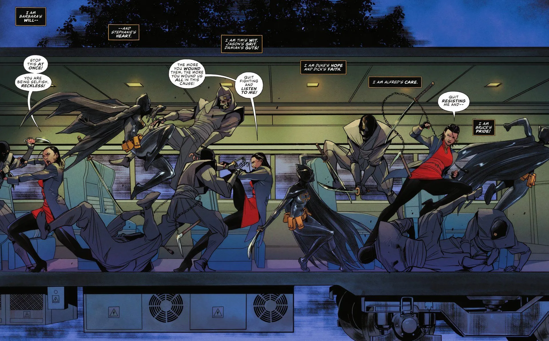 Batgirl 3 Cassandra Cain and Lady Shiva fight ninjas on a moving train as Cass narrates about the traits she inherited from the Bat-Family