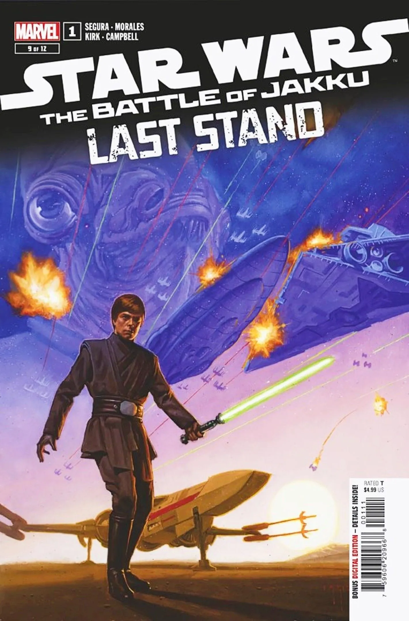 Battle of Jakku Last Stand #1 cover, Luke Skywalker with his green lightsaber against a space battle backdrop