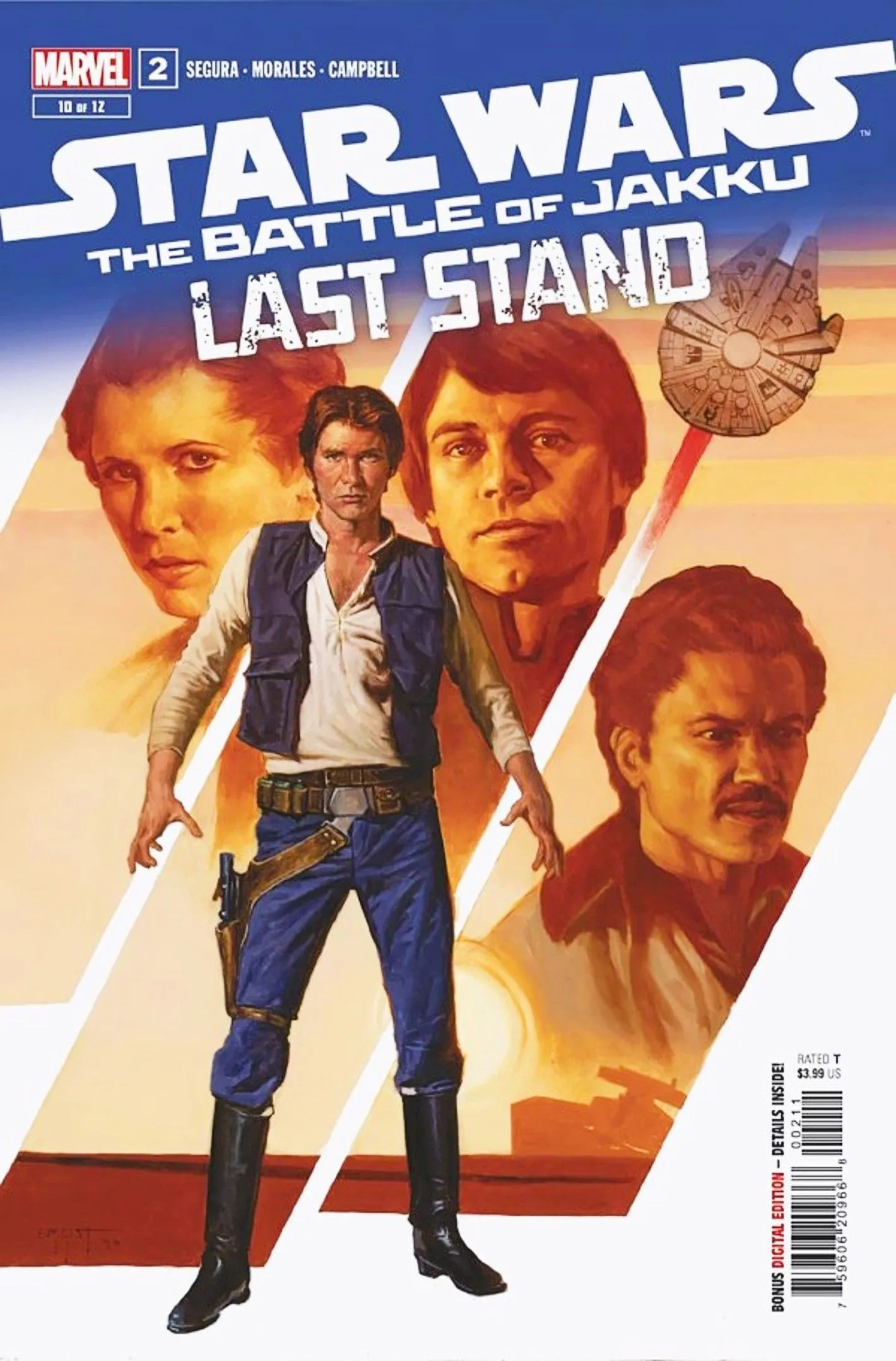 Battle of Jakku Last Stand #2 cover, Han Solo standing in front of portraits of Luke, Leia, and Lando