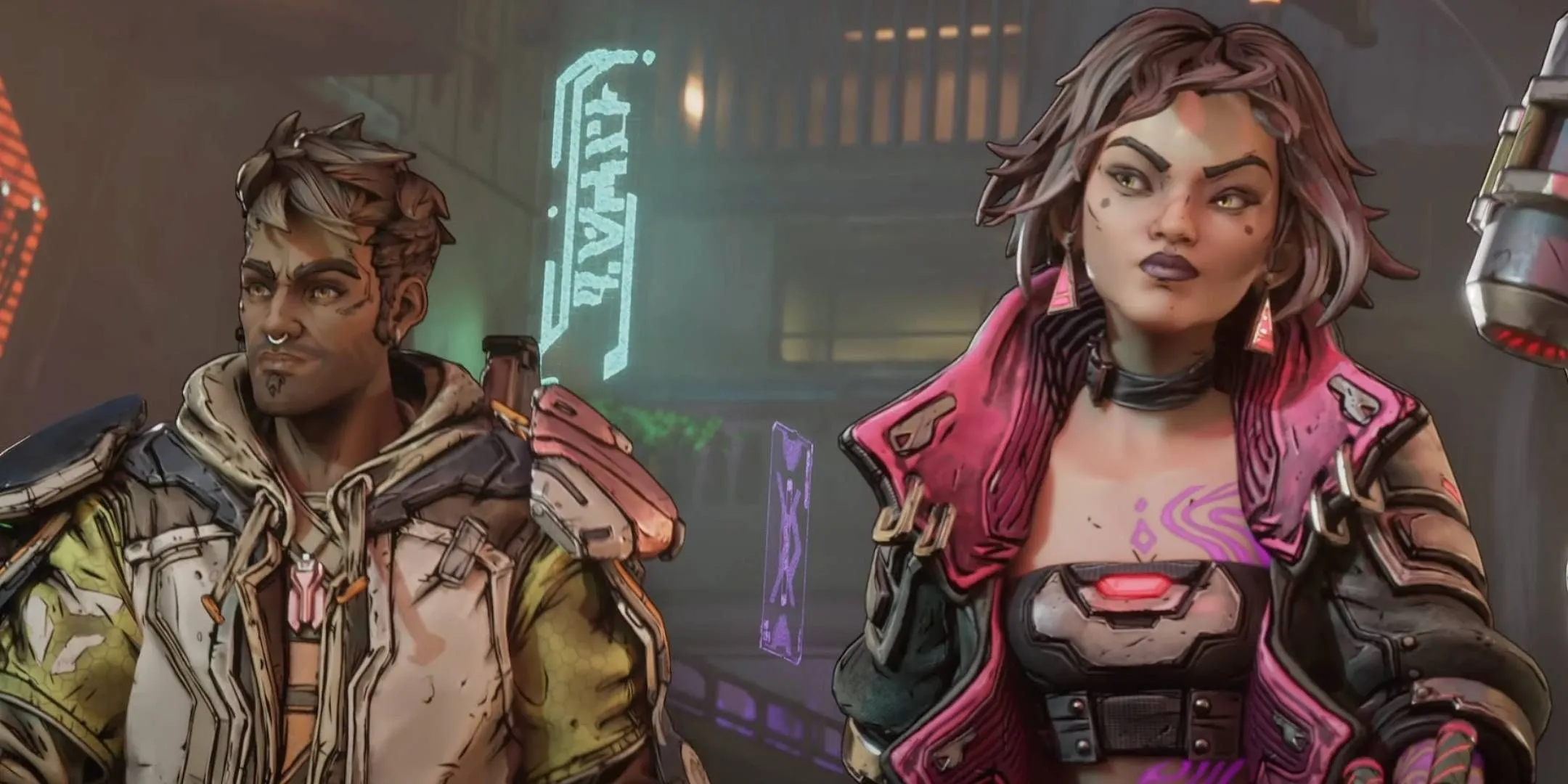 Two vault hunters standing together in a city in Borderlands 4.