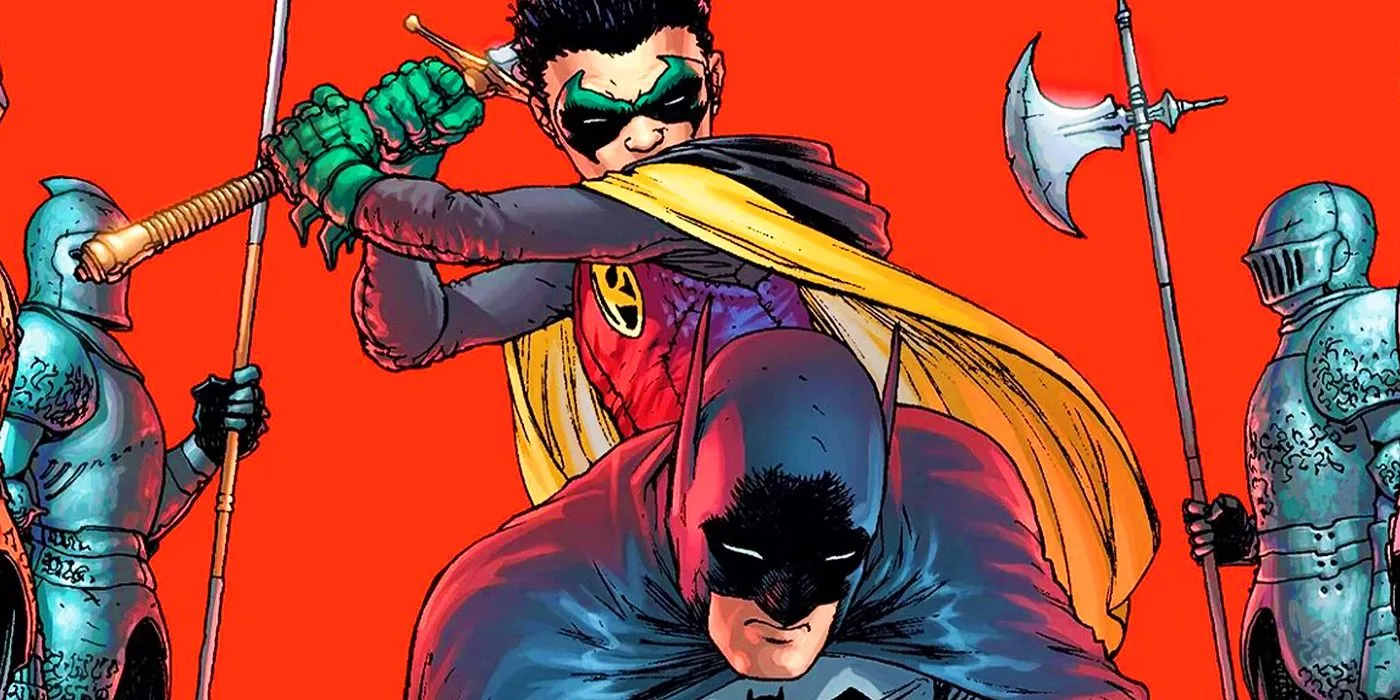 Bruce y Damian Wayne en el cómic promocional The Brave and the Bold con Damian apuntando con una espada a Batman