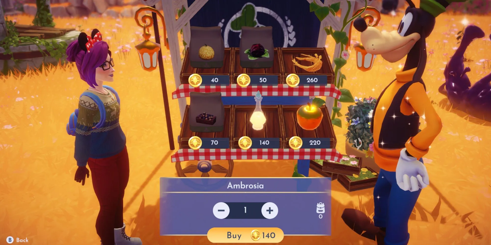 Buying Ambrosia from Goofy's Stall in Disney Dreamlight Valley