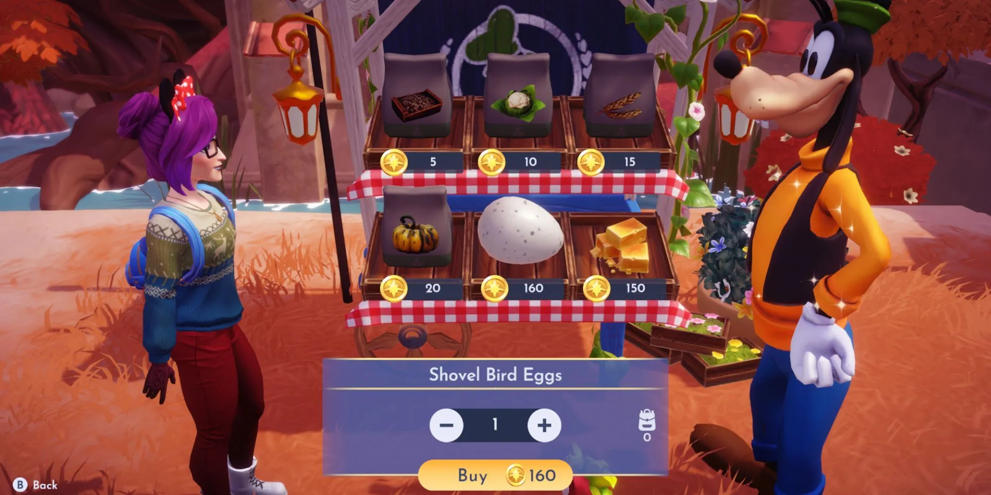 Buying Shovel Bird Egg from Goofy's Stall in Disney Dreamlight Valley