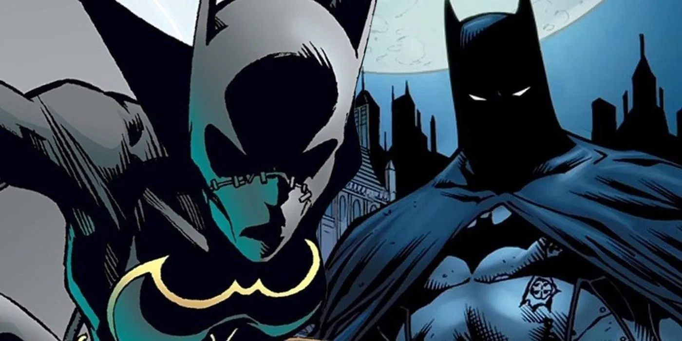 Comic book art: Cassandra Cain Batgirl with Batman in background.