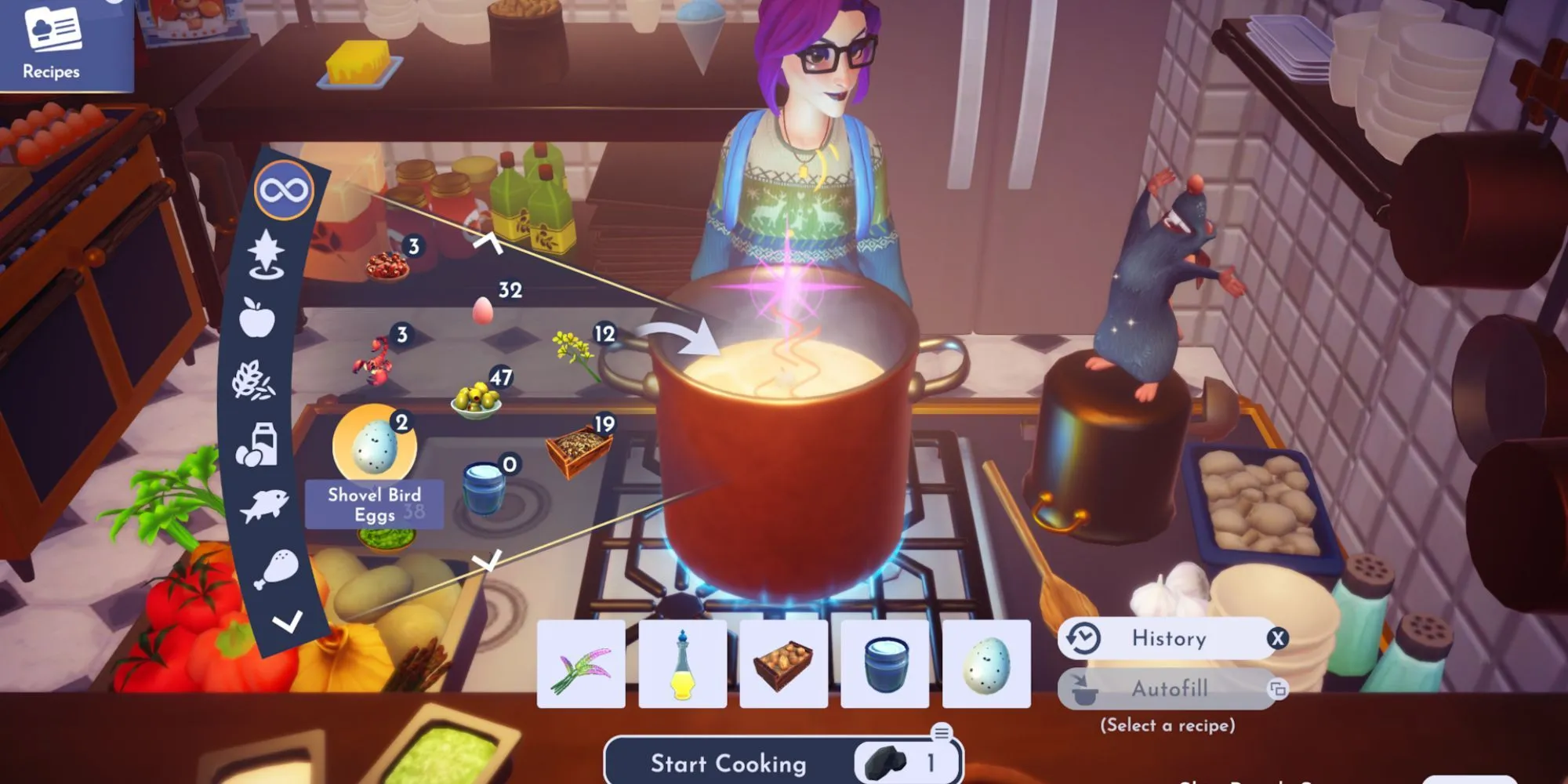 Cooking with Underworld Cake recipe ingredients in Disney Dreamlight Valley