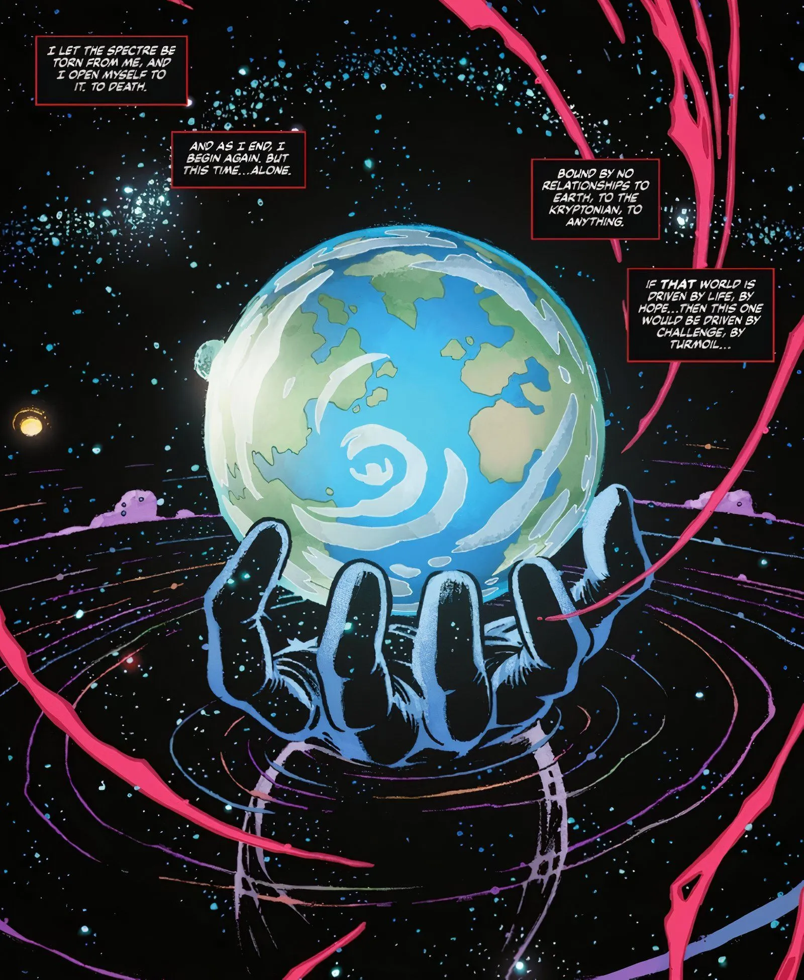 Página del cómic: Darkseid sostiene la Tierra del Universo Absoluto en un remolino de espacio.