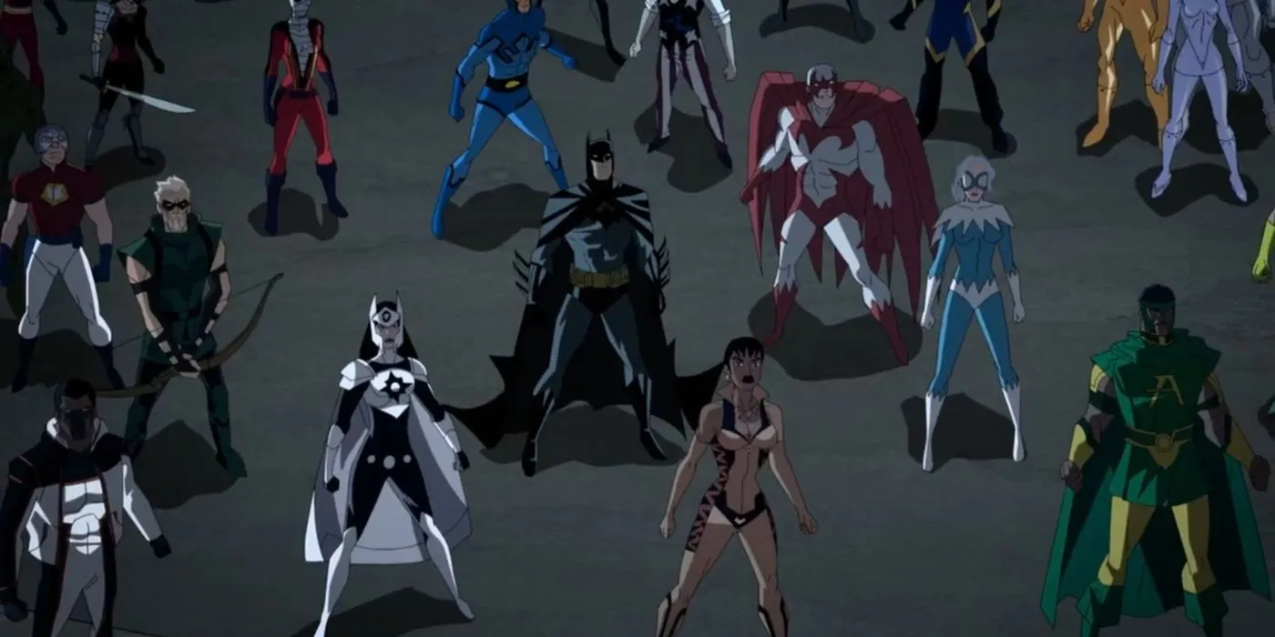 Several DC Comics heroes stood together, including Batman, Hawk, Dove, Vixen and Green Arrow looking up in the sky in Justice League Crisis on Infinite Earths - Part Two Several DC Comics heroes stood together, including Batman, Hawk, Dove, Vixen and Green Arrow looking up in the sky in Justice League Crisis on Infinite Earths - Part Two