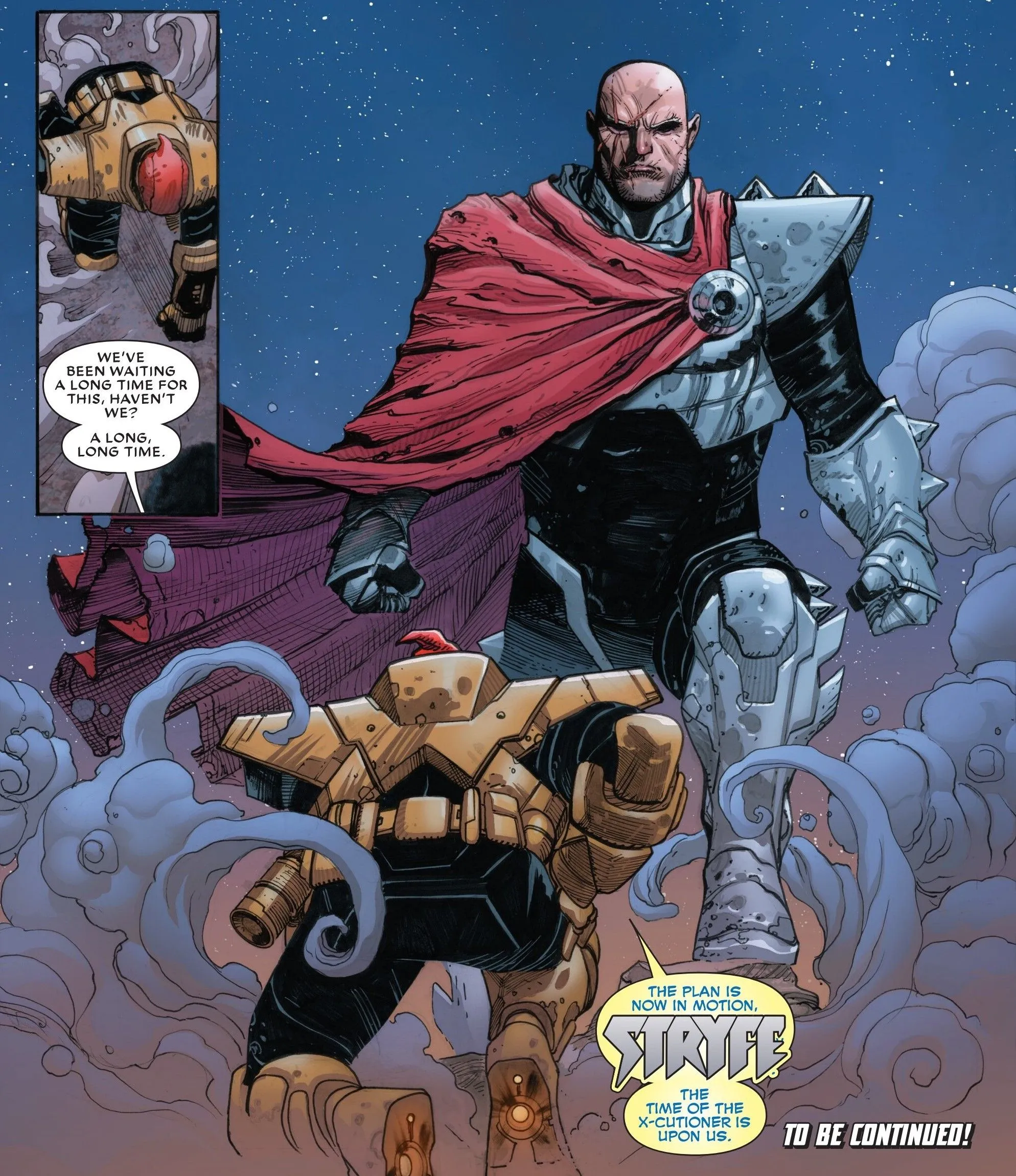 Stryfe stands before Deadpool as Deadpool kneels.