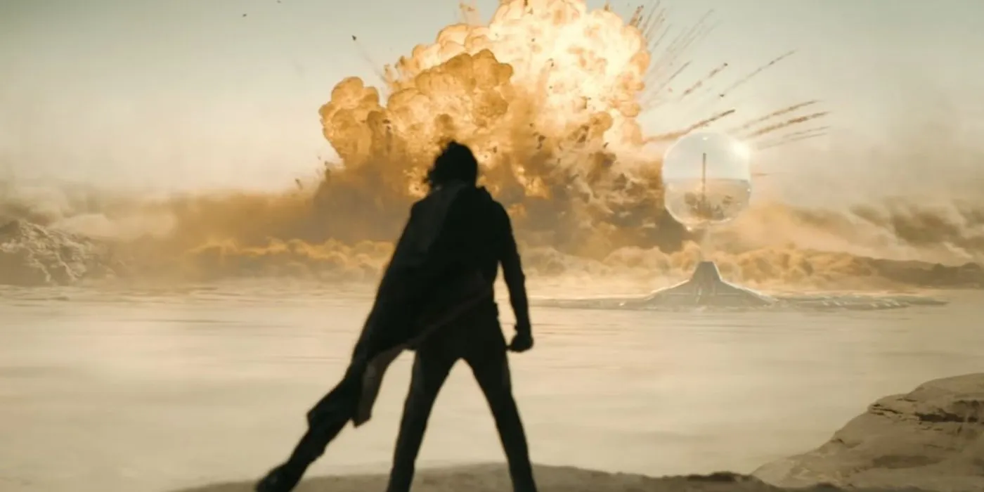 Timothée Chalamet as Paul Atreides standing in front of an atomic bomb explosion in Dune: Part Two