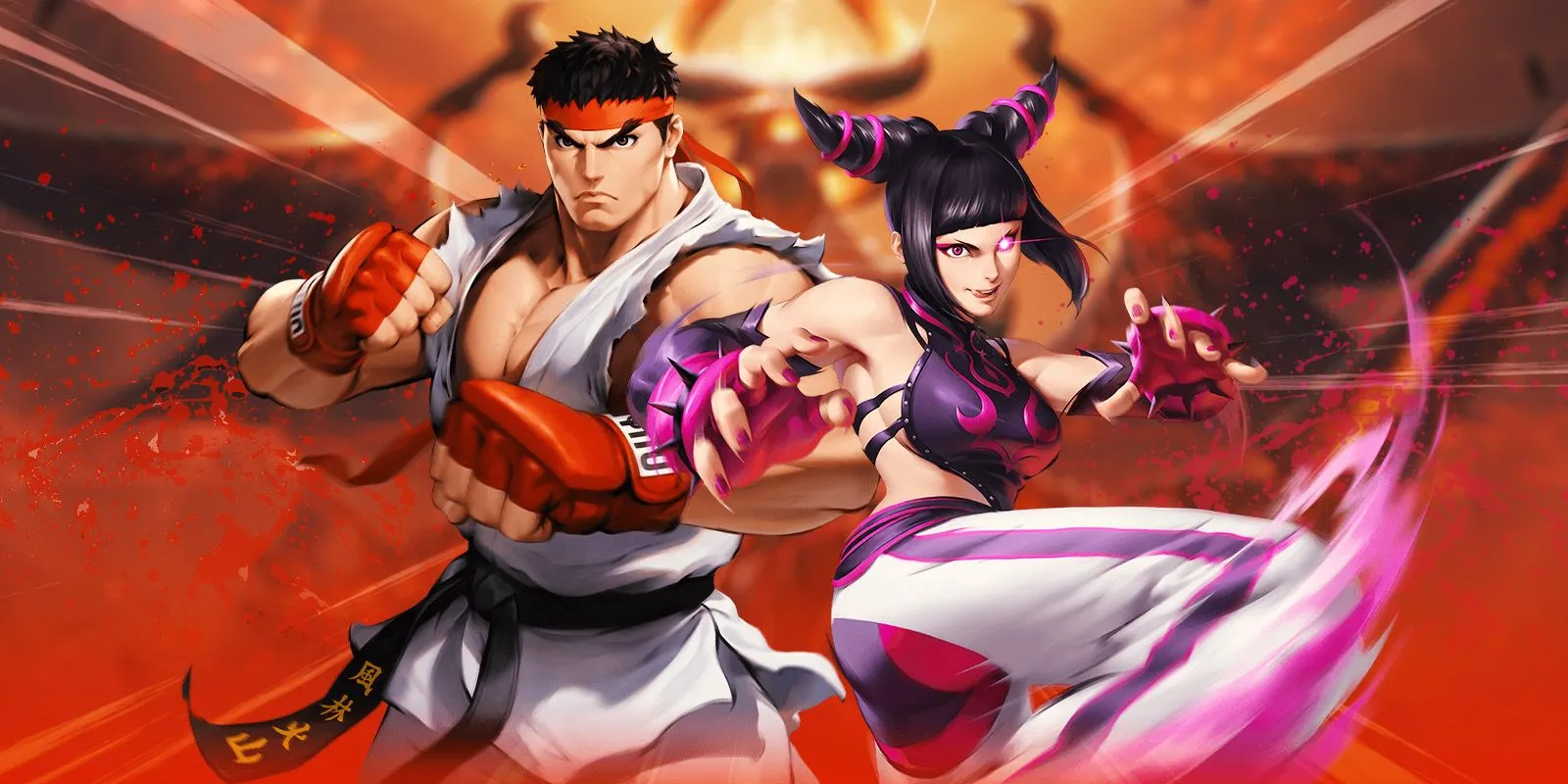 Ryu et Juri prennent des poses d'arts martiaux sur un fond rouge tourbillonnant dans Street Fighter Duel