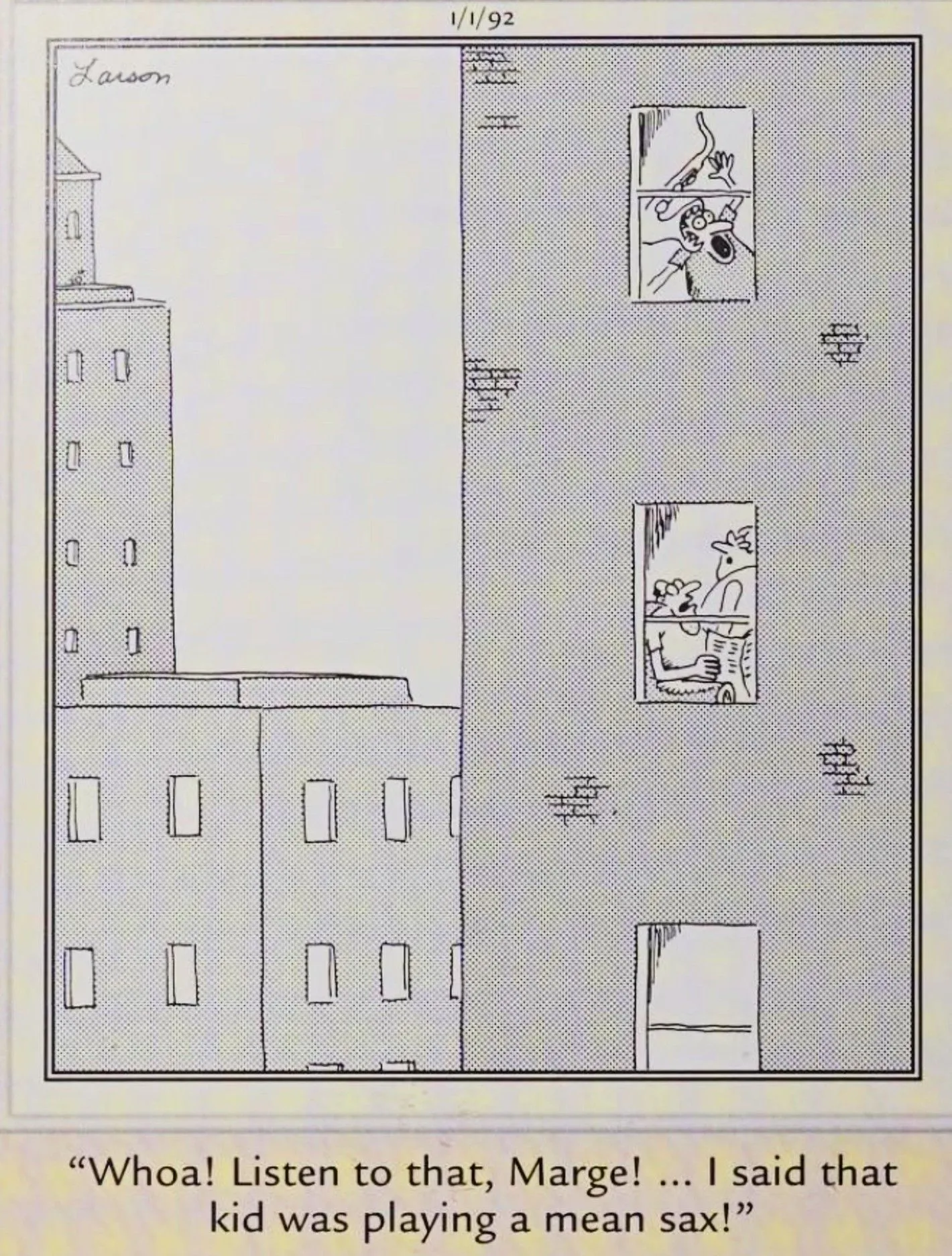 《遠方》，1992 年 1 月 1 日，一個孩子在練習時被薩克斯風吞沒了