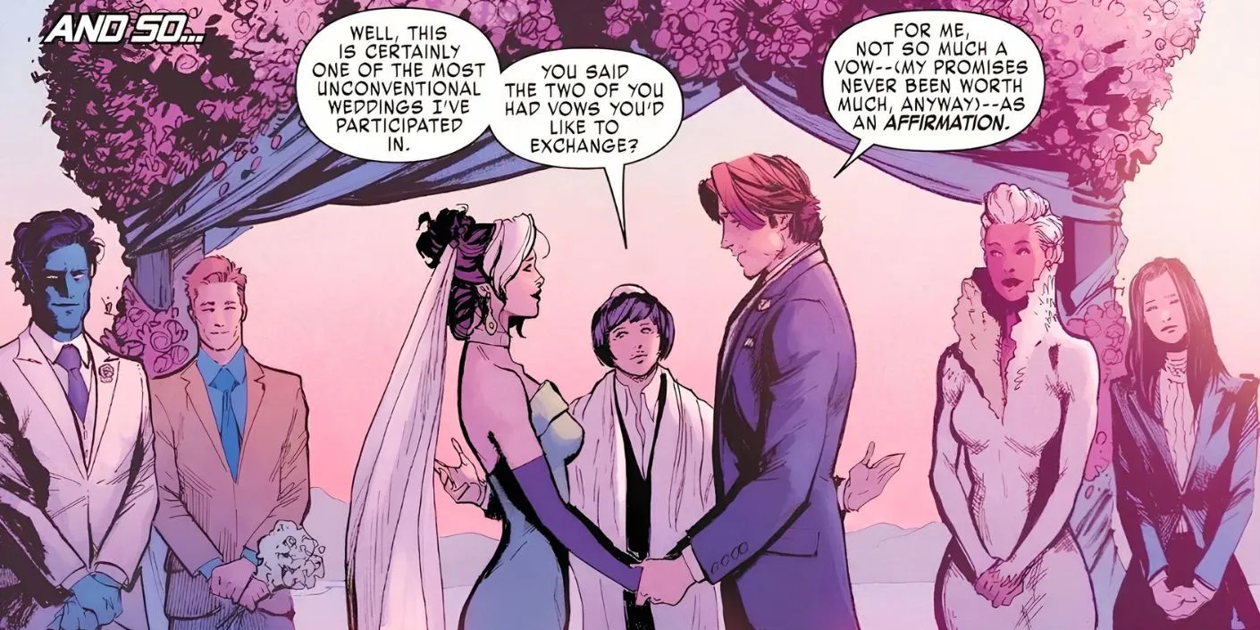 Comic panel of Rogue and Gambit's wedding before their vows