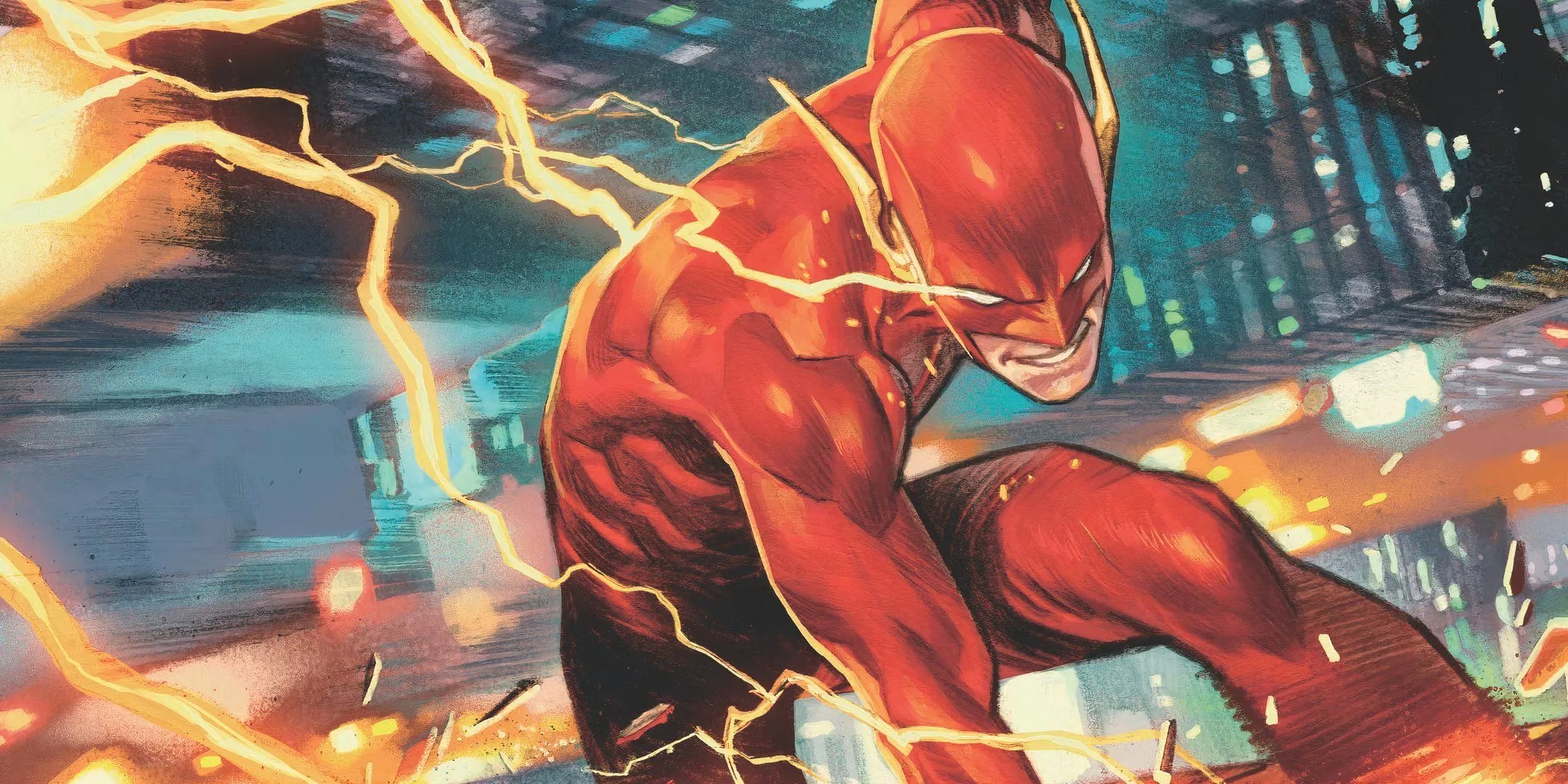 Illustrazione di un fumetto: Flash corre con una scia di fulmini.